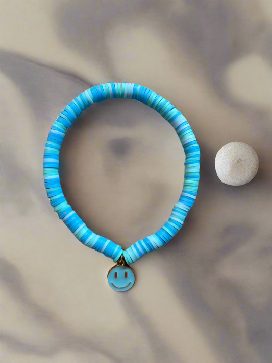 Blue Smiley Face Bracelet – Beachy Polymer Clay Beaded Bracelet, Summer Vibes Jewelry Reece’s coastal bracelets
