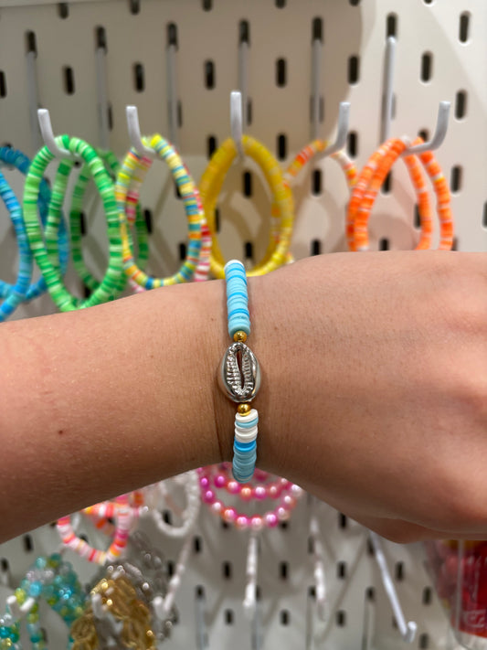 Silver Cowrie Shell Bracelet – Blue & White Heishi Beads Beach Jewelry Reece’s coastal bracelets