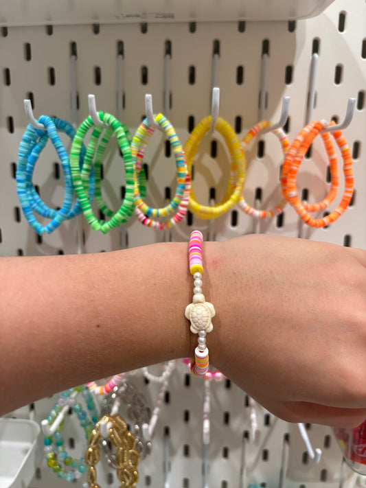 Colorful Turtle Bead Bracelet – Cute Summer Stretch Bracelet with Pink, Yellow, and White Beads Reece’s coastal bracelets